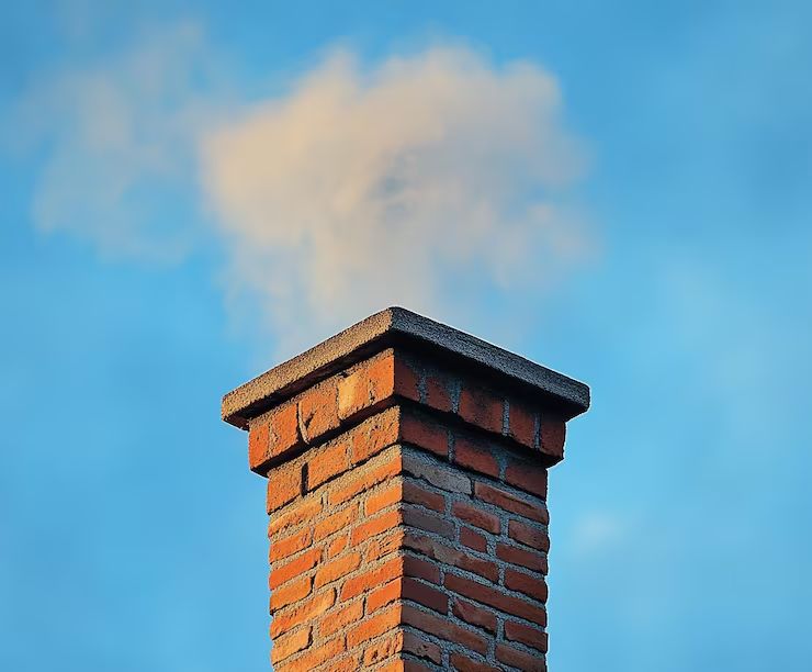 Morning woodsmoke drifting from a crowned brick chimney over Nyack