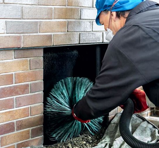 Technician brushing a firebox under drop cloths