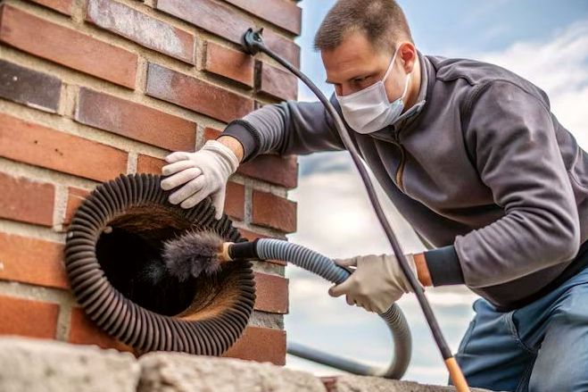 Technician working a vacuum line and duster at the flue mouth