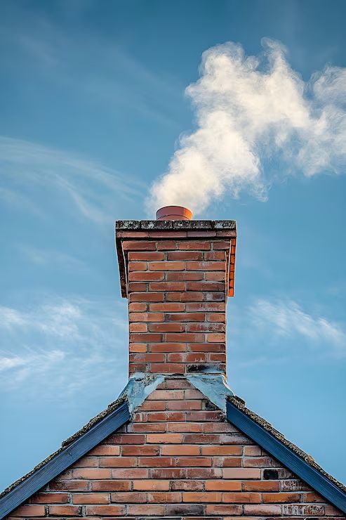 Woodsmoke rising from a brick gable chimney with clay pot