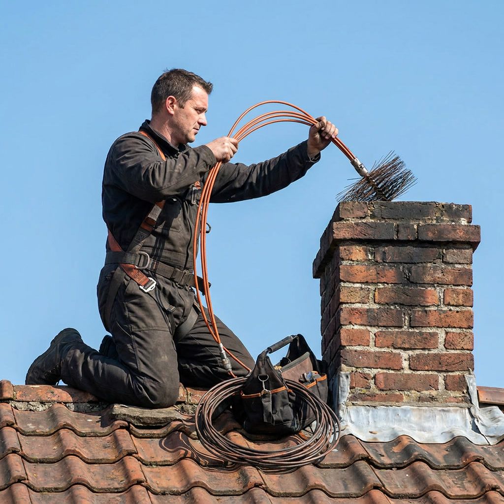 Sweep kneeling on a tile roof feeding rods into an old stack