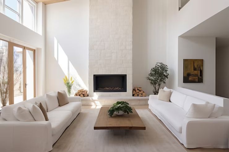 Tall stone fireplace rising through a bright living room